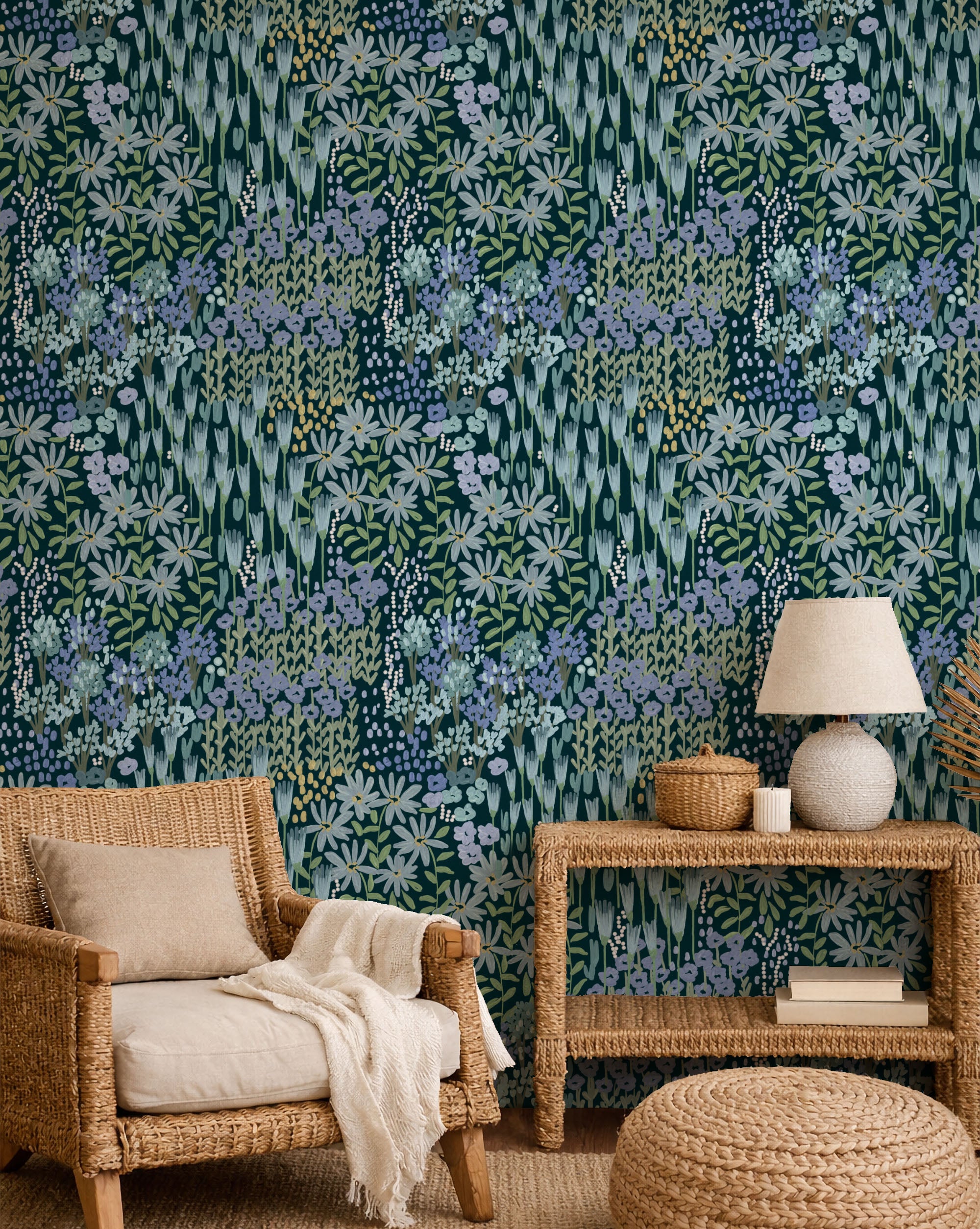 Flower Farm Blue peel and stick wallpaper room mockup